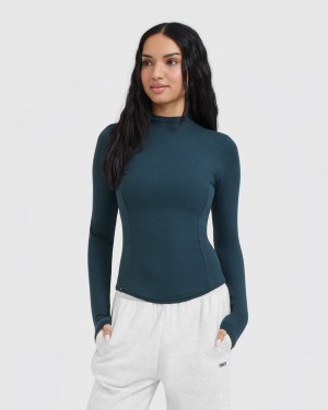 T Shirts Oner Active Mellow Rib Mock Neck Long Sleeve Bleu | JV3017528