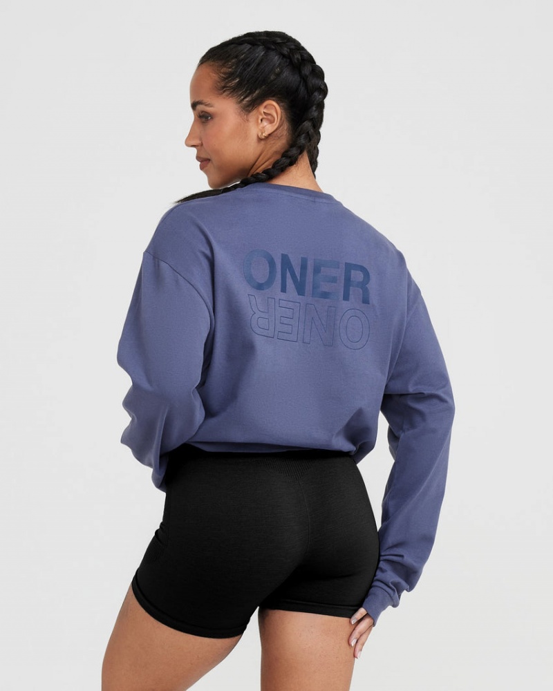 T Shirts Oner Active Classiche Mirror Graphique Oversized Long Sleeve Bleu | HQ3072659